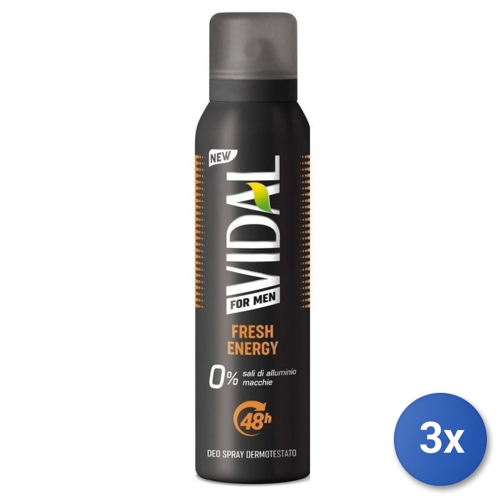 3x Vidal Deodorant Spray 150 Ml. Fresh Energy for Men Made in Italy