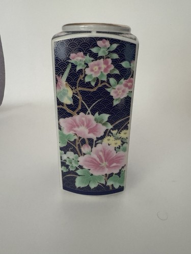 VTG Vase Japan Pink Flowers & Yellow Birds Vines Gold Rectangular Porcelain 7” - 第 1/13 張圖片
