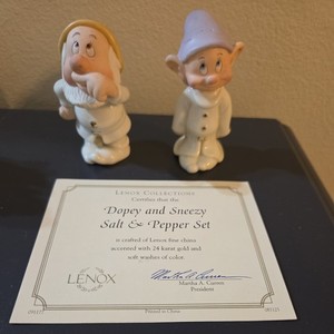  Ceramic Disney Dopey and Sneezy Salt & Pepper Shaker With COA by Lenox 1996