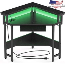 Corner Desk W/ Charging Station LED Light Ergonomic Monitor Stand Storage Tray