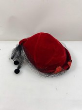 Vintage 1950s Red Velvet Pill Box Women's Hat with Black Lace and Beadwork