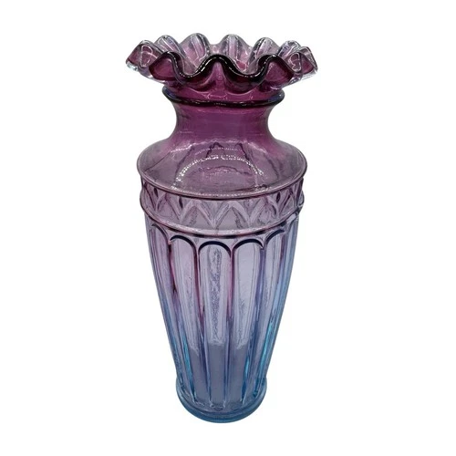 Fenton 7.25" Mulberry Vase Paneled Column Arch Purple Blue Ombre Crimped Edge!