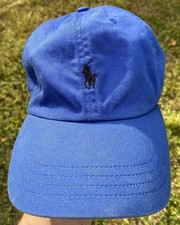 Vintage Polo Ralph Lauren Hat Blue Leather Strapback Pony Logo Faded Distressed