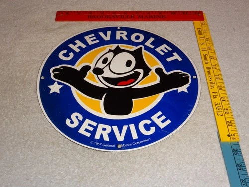VINTAGE 1957 "FELIX THE CAT CHEVROLET" 11 3/4" PORCELAIN METAL GASOLINE OIL SIGN