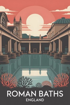 Roman Baths England Vintage Travel Poster Print Retro Wall Art