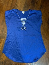 Vintage Sleep Solutions Royal Blue Satin Nightgown Nautical Striped Bow Medium