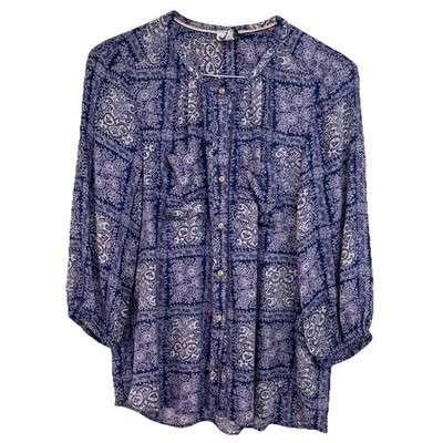 Akemi Kin Anthropologie Tunic Top Women M Purple Floral Print Button Up Pockets