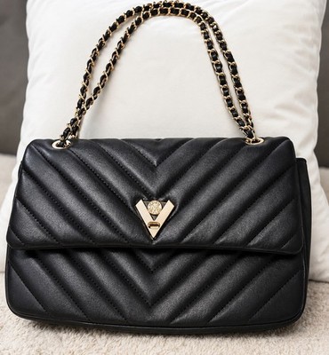 NWT Valentino Orlandi Black Quilted Shoulder Bag Chain Strap Chevron Flap Purse