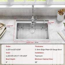 33 x 22in Nano Stainless Steel Single Bowl Basin Topmount Handmade Kitchen Sink