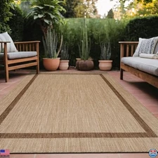 5x7 Bordered Outdoor Rug - Washable Waterproof Jute Carpet in Beige & Nut Brown