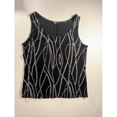 ONYX Nite black sleeveless tank sequins beaded swirl pattern scoop neck Large