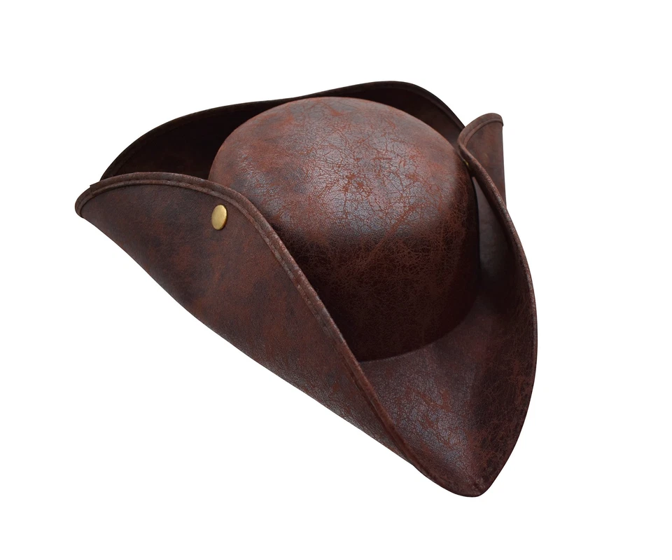 Adult Brown Distressed Wrinkle Leather Carribean Tricorn Pirate Hat Costume - Image 2 of 4