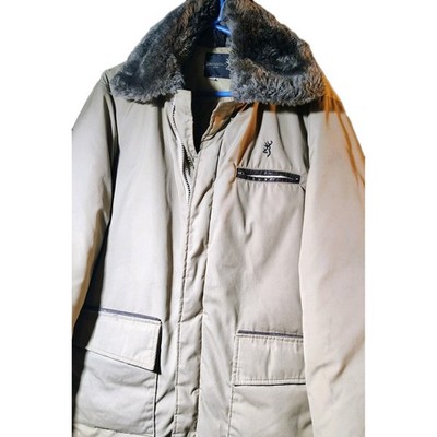 Browning XL Beige Down Insulated Heavyweight Hunting Jacket Fur Collar Logo