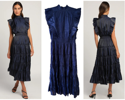 Lulu s Take A Glance Tiered Mock Neck Midi Dress Navy Size XL NW/OT