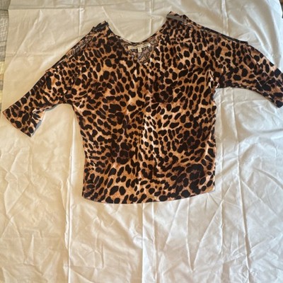Daisy Fuentes Brown Black Leopard Print Short Sleeve V-Neck Blouse Size S