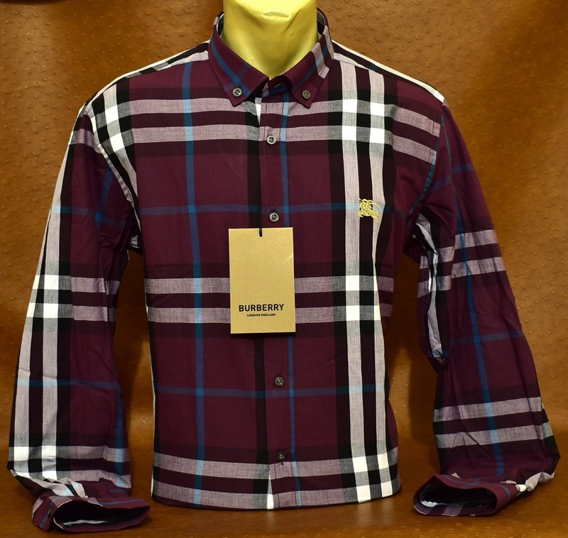 Burberry Men's Burgundy Check Long Sleeve Button-Up Shirt Slim Fit Size M