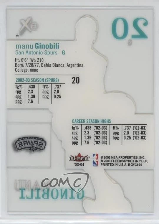 2003-04 E-X Manu Ginobili #20 HOF - Image 2 of 2