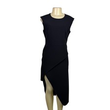 Halston Heritage Womens Black Polyester Asymmetrical Midi Dress Sleeveless Sz 6
