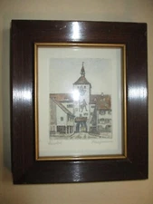 Vintage Germany framed Print 6.75 x 5.5" Wood Frame signed by Kaufmann EUC