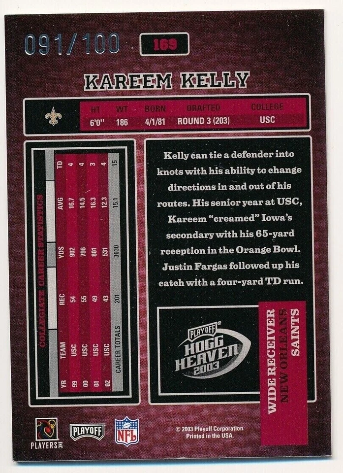 KAREEM KELLY 2003 PLAYOFF HOGG HEAVEN WILD #169 ROOKIE SAINTS 91/100 RC SP - Image 2 of 2