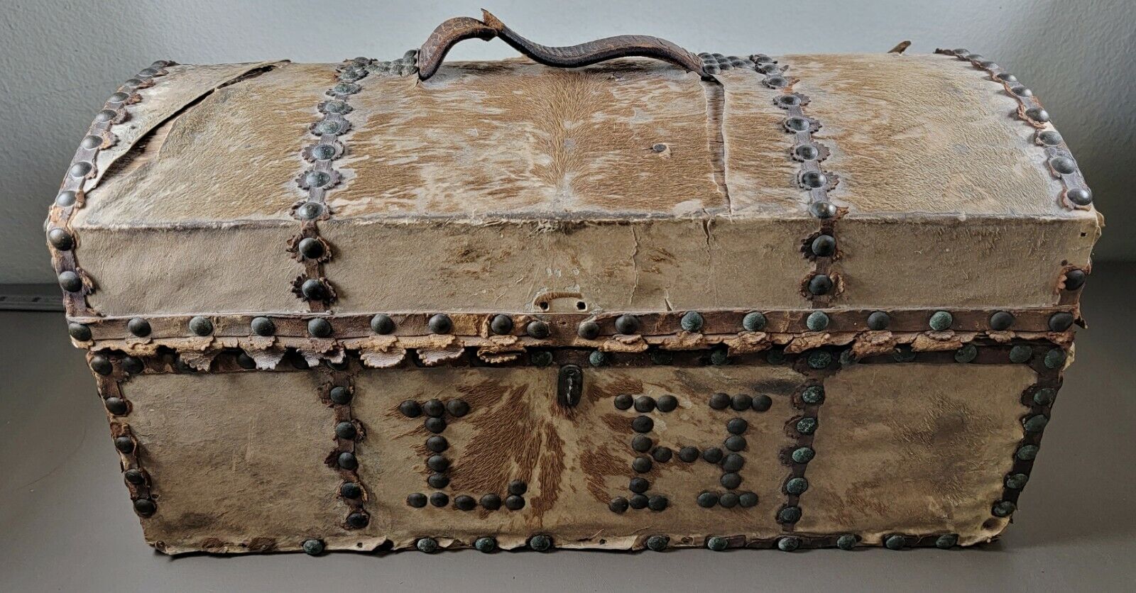 Small Antique Studded Western Cowhide Stagecoach Travel Trunk Chest Document Box