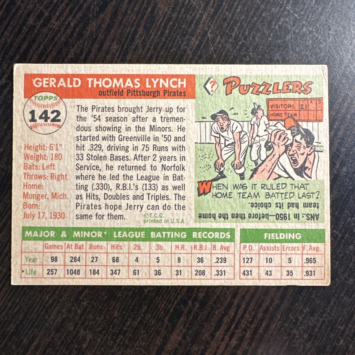 1955 TOPPS #142 JERRY LYNCH PITTSBURGH PIRATES EX *Hot