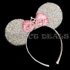 Minnie Mouse Princess BIG Tiara Crown Headband Sparkly Silver Ears Pink Bow Cute