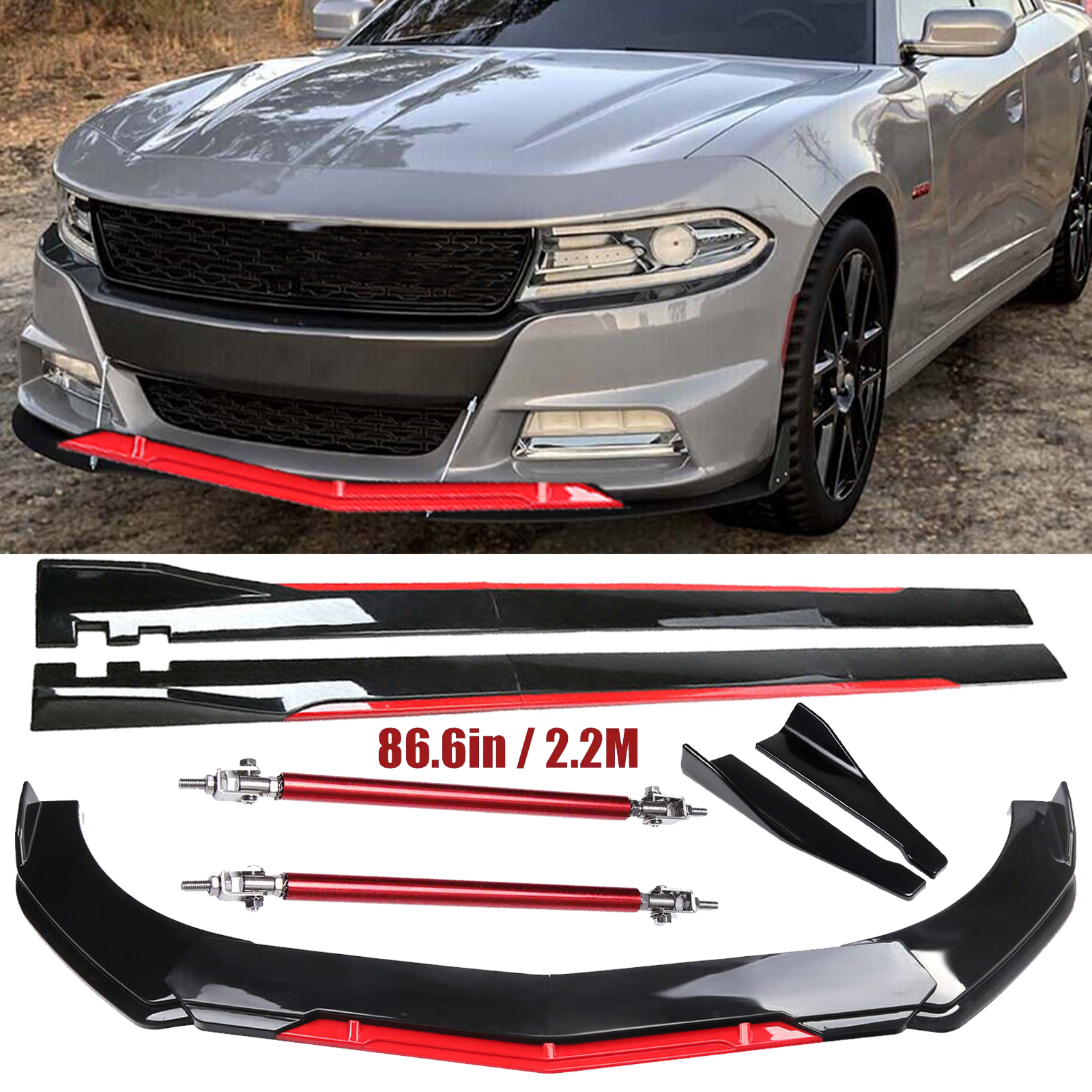 Front Bumper Lip Splitter Spoiler Side Skirt Bod Kit For Dodge Charger SRT RT