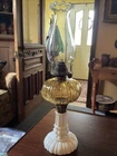 Beautiful Antique Oil Lamp Amber Fount W/ Milk Glass Base U S. Glass Primitive