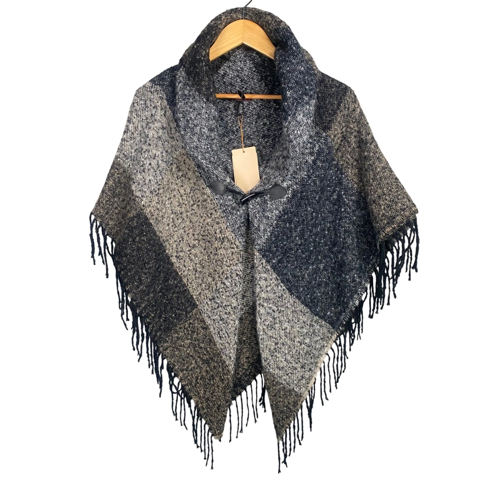 Altare Plaid Poncho Cape Scarf Shawl Fringed Duffle Clasp Cozy Warm Layering