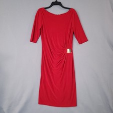 TAHARI ARTHUR S. LEVINE Women's Red Dress Size 8 Ruched Gold Buckle 3/4 Sleeve