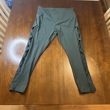 Women  s Olive Green Active Leggings w/ Lattice Sides  Back Zip Pocket