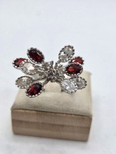 Silver Flower Cocktail Ring With Red  Clear Crystals