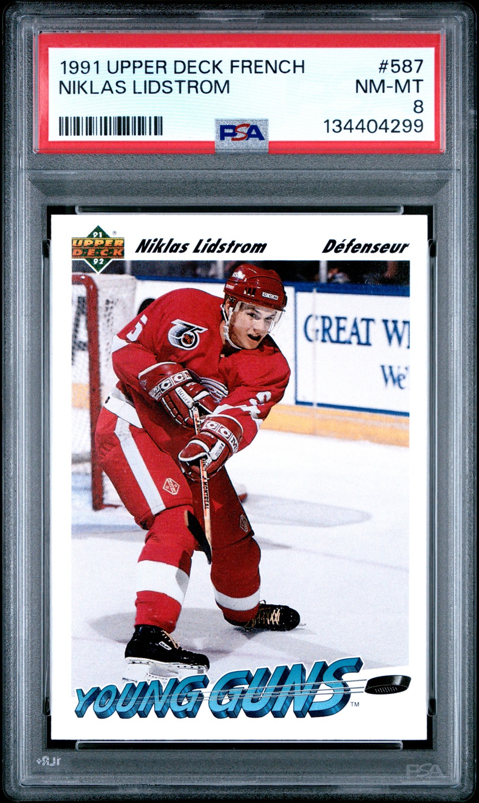 1991 UPPER DECK FRENCH #587 NIKLAS LIDSTROM ROOKIE RC PSA 8