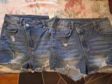 2 Girls Blue Denim Distressed Cut Off Shorts Frayed Hem Button 5-Pocket 12