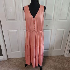Chic Soul Coral Pink Ribbed Tiered Midi Dress Sleeveless Button Front 2XL USA