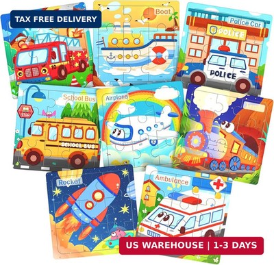 Zeoddler Wooden Puzzles for Toddlers, 8 Pack Vehicle Jigsaw Puzzles for Kids3-5,