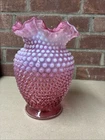 Vintage Fenton Hobnail Cranberry Pink Opalescent Base Ruffled Glass 8”