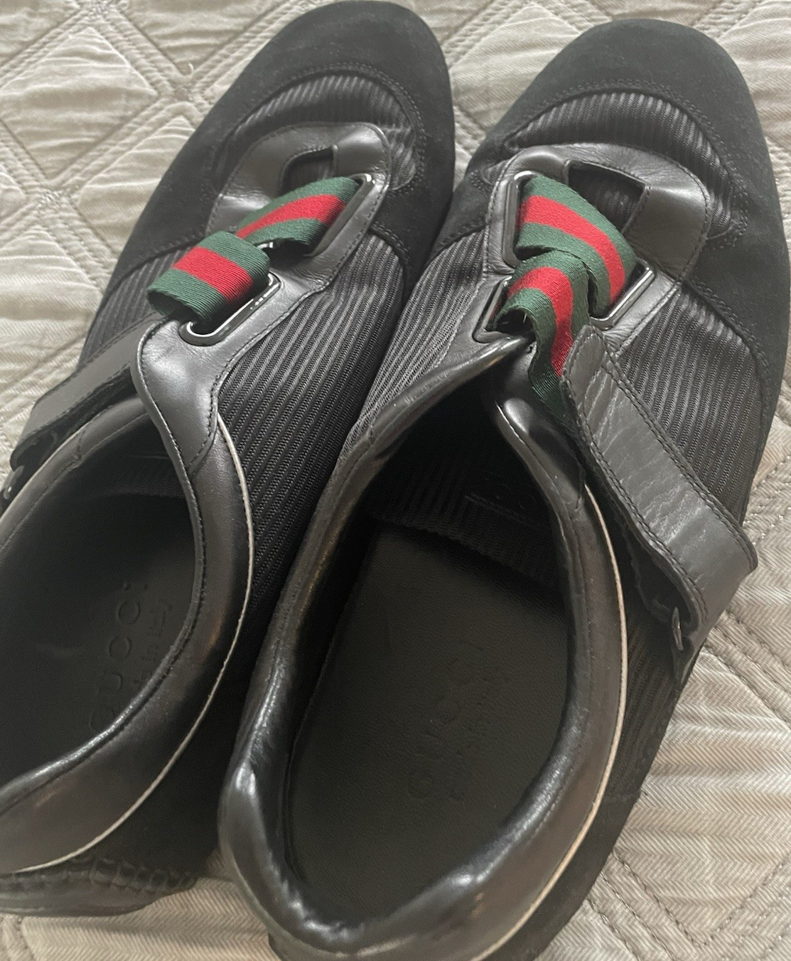 Gucci Men’s Black Hook & Loop Strap Sneakers Green/Red Web Stripe US 11