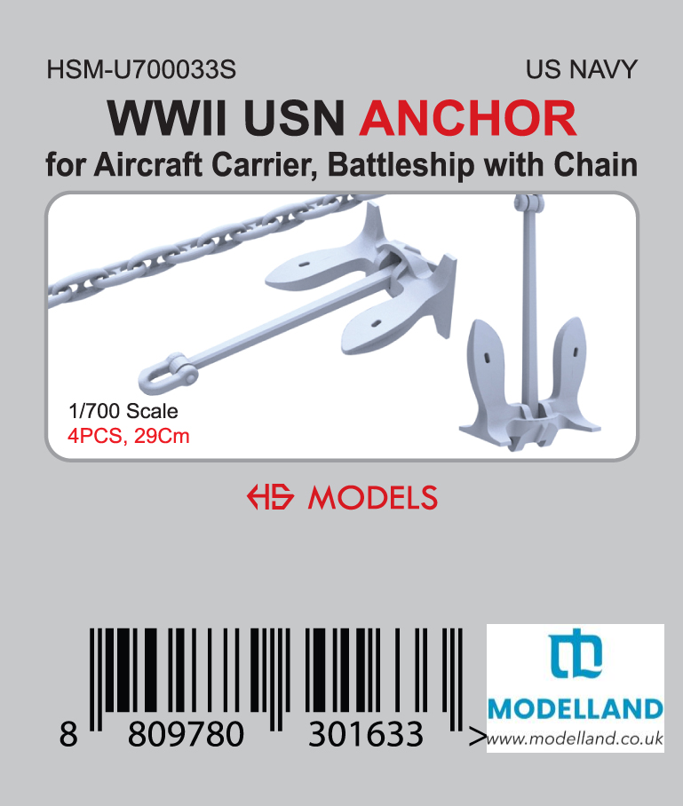 HS Model WWII USN Anchor for CV/BB w/ Chain Scale 1/700 4pcs 29cm HSM-U700033S