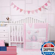 La Premura Baby Crib Bedding Set for Girls, Pink Elephant Love Balloons 3 Piec