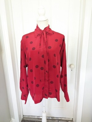Vintage Jantzen Red Black Polka Dot Tie Neck Secretary Blouse Retro Chic 70's