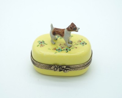 New French Limoges Trinket Box Cute Jack Russell Terrier Dog Puppy on Floral Box