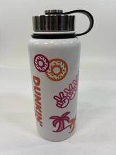 Dunkin’ Donuts White Graphic Stainless Steel Water Bottle 32 oz Fun Sunny Happy