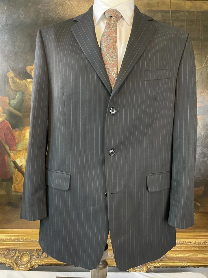 Van Heusen 44L 34 x 32 2Pc Black Pinstriped 3 Button Pleated & Cuffed Pants Suit - Image 4 of 4