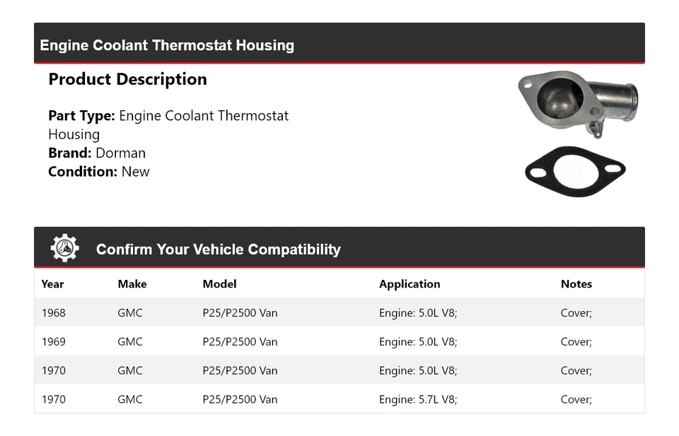 Carcasa termostato refrigerante motor para GMC P25/P2500 1968-1970 Van Dorman 1969 Foto 2 de 4