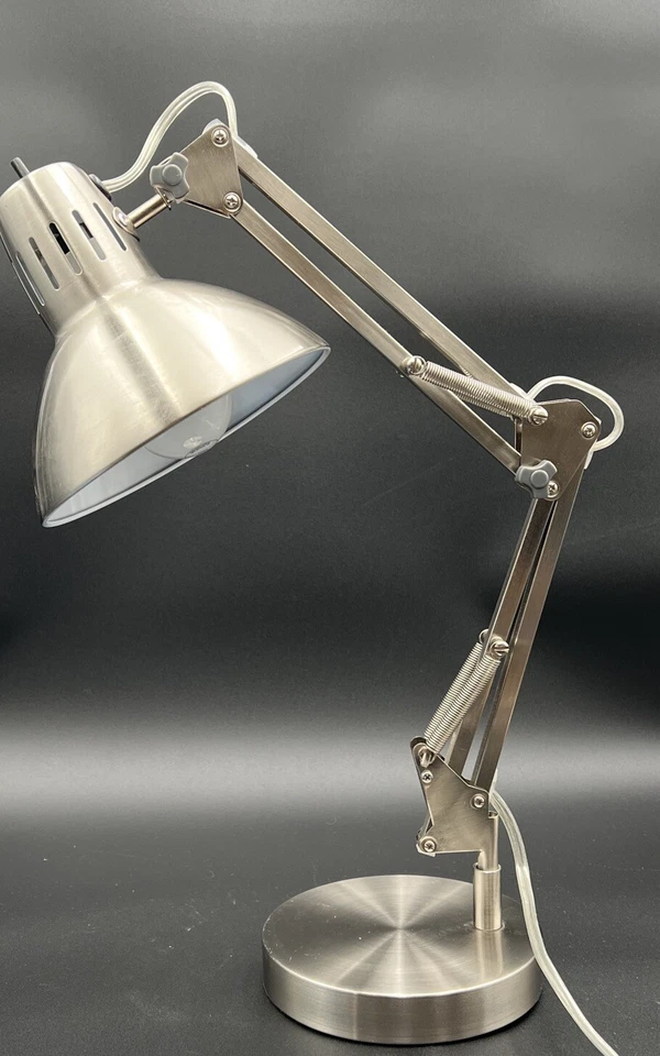 Vintage Brushed Nickel Swing Arm Desk Lamp 26” Adjustable Metal Shade Industrial - Image 3 of 4
