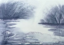 Original Relax painting Modern Decor Landscape morning fog tree  Watercolor A4