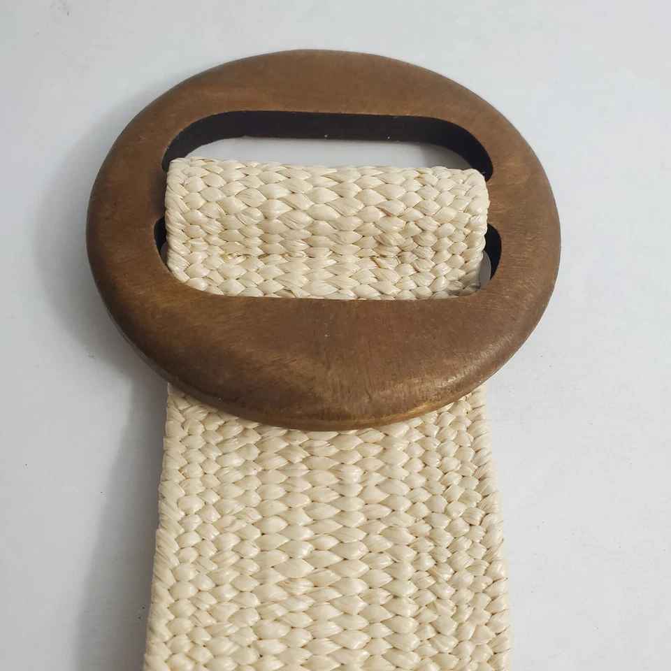 De Colección Boho Verano Yute Elastizado Cinturón Mujer Ovalado Madera Hebilla Marfil Talla 30 Foto 3 de 4