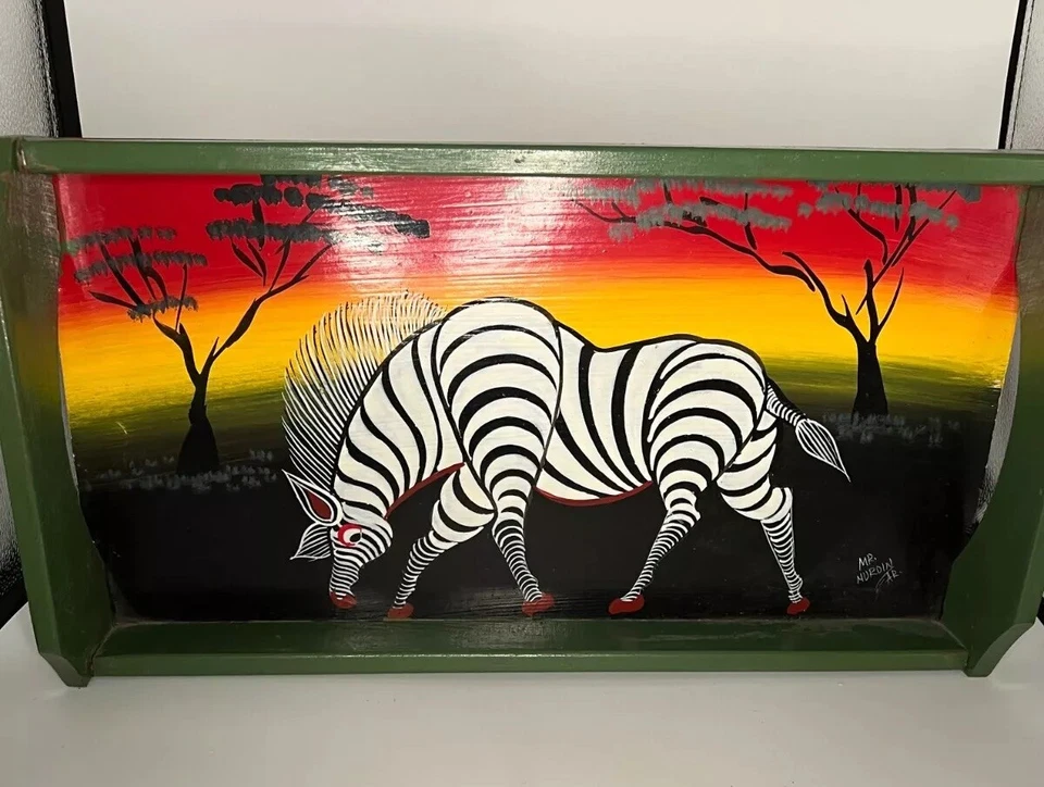 Vintage Mr. Murdin Signed Hand Painted Zebra on Desert Wood Serving Tray 16”x10" - Image 2 of 4